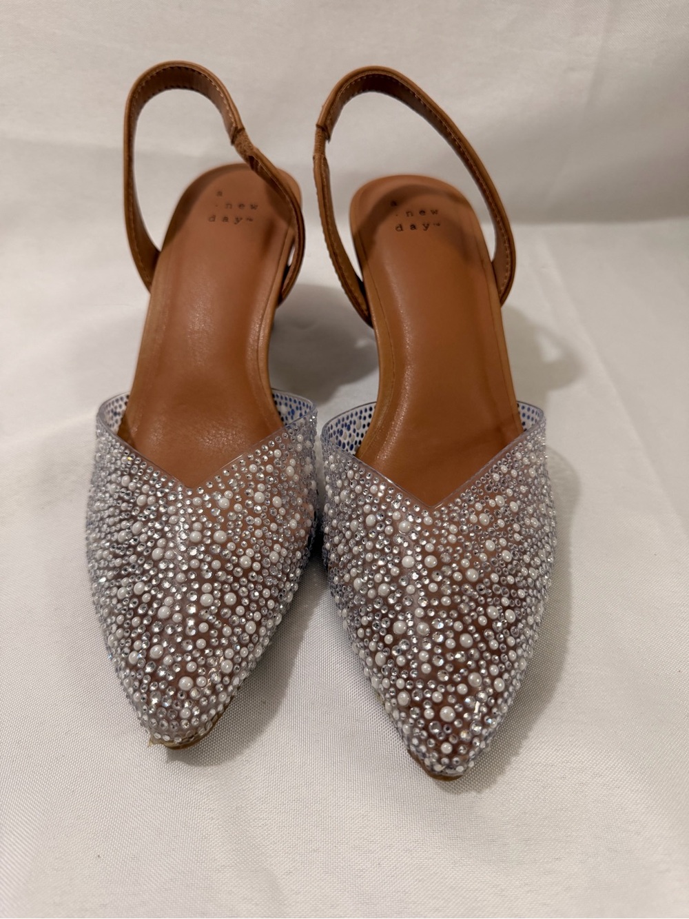 a new day Pearl & Rhinestone Pointed Slingback Mules in Brown
